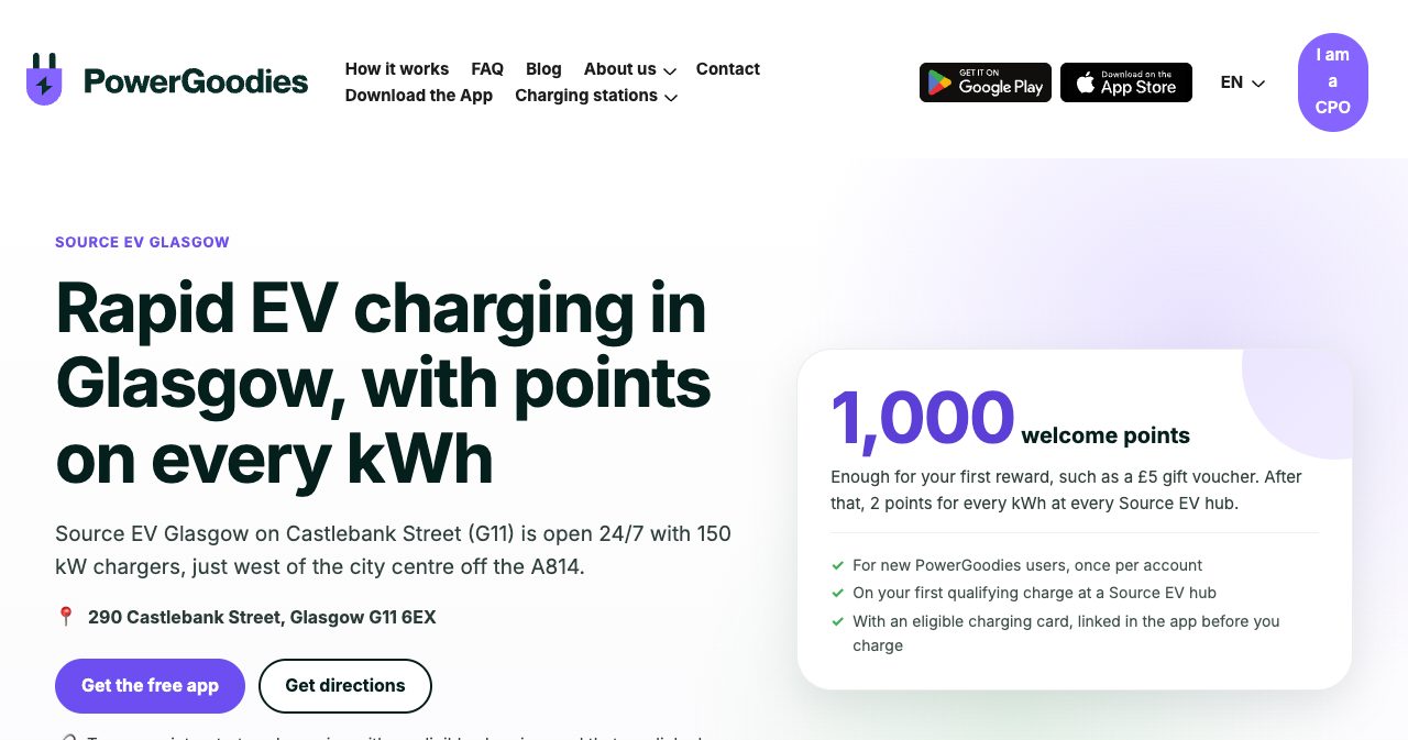 The Source EV Glasgow page on rewards.powergoodies.com with the headline Rapid EV charging in Glasgow, with points on every kWh, and a card offering 1,000 welcome points, enough for a first reward such as a £5 gift voucher, then 2 points for every kWh at every Source EV hub, for new users once per account with an eligible card linked before charging