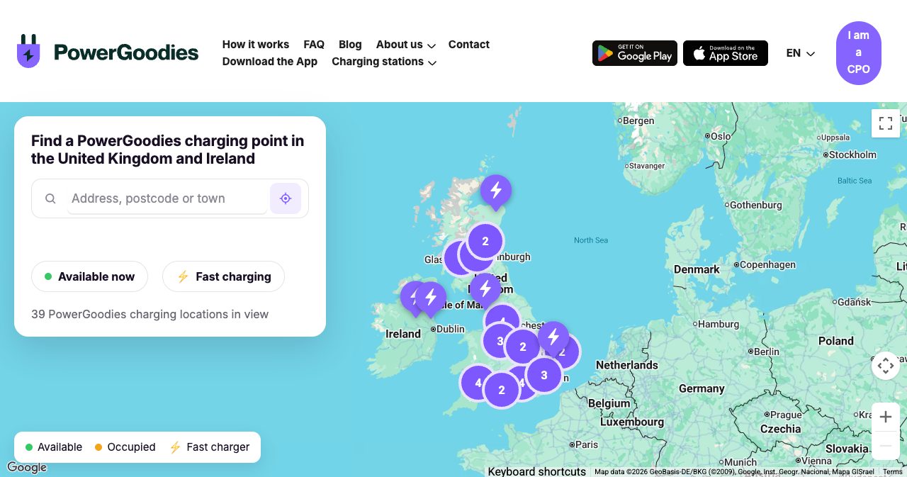 The PowerGoodies charging map for the United Kingdom and Ireland, showing purple Source EV clusters across Scotland, England, Wales and Ireland, a search box for address, postcode or town, Available now and Fast charging filters, and the line 39 PowerGoodies charging locations in view