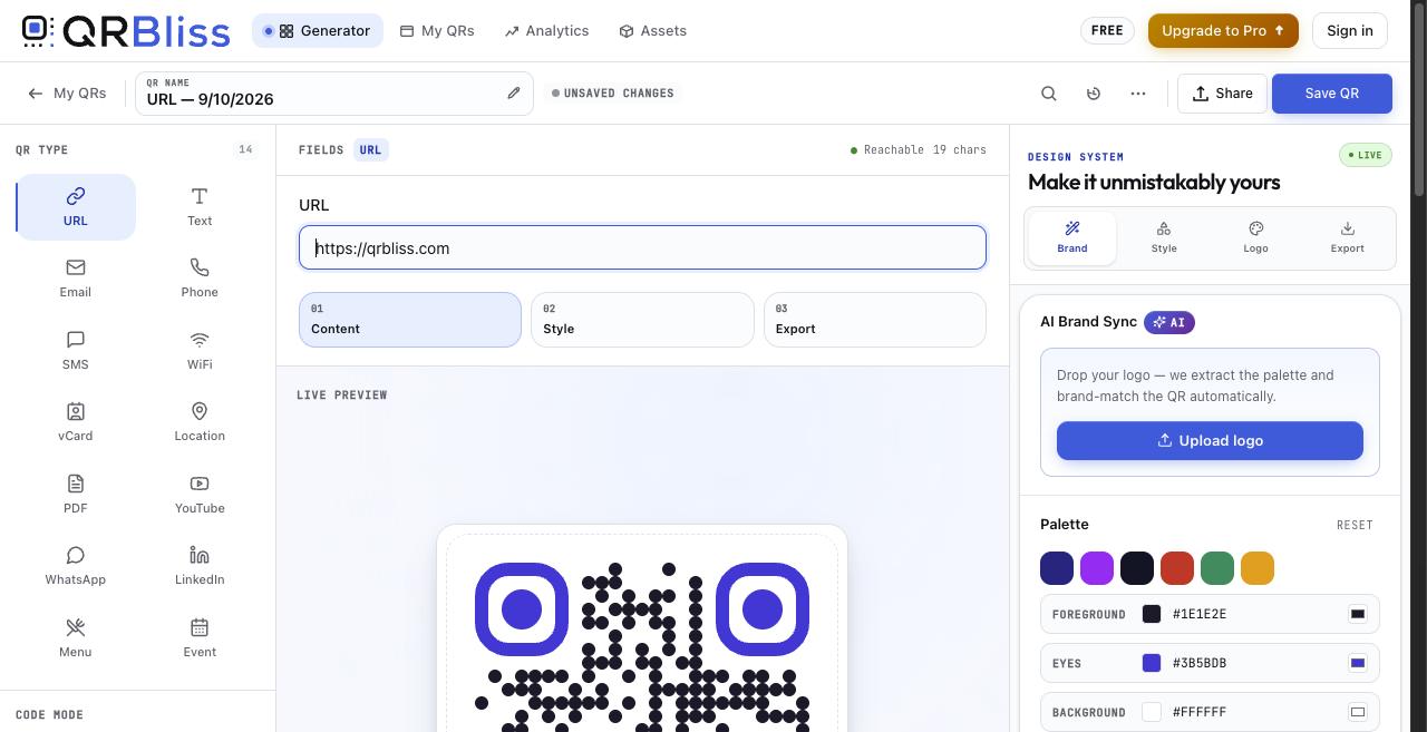 The QRBliss generator studio: 14 QR types down the left rail, a live URL field marked Reachable, a rounded-dot preview and the AI Brand Sync upload panel with palette swatches and hex fields
