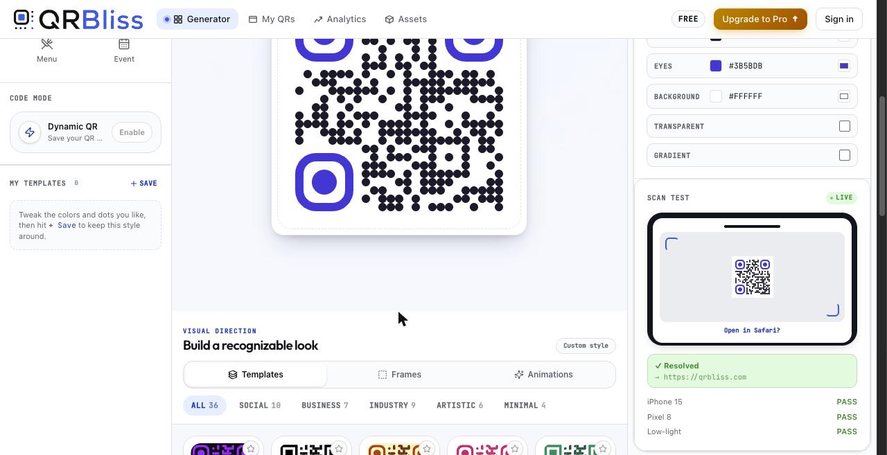 The QRBliss scan test panel showing a resolved destination and PASS results for iPhone 15, Pixel 8 and Low-light, next to the templates tab with 36 templates and the Dynamic QR toggle