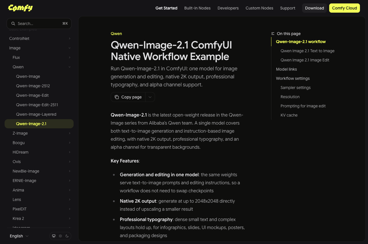 ComfyUI official tutorial documentation demonstrating native Qwen-Image-2.1 workflows for 2K output, text-to-image, and alpha channel transparency