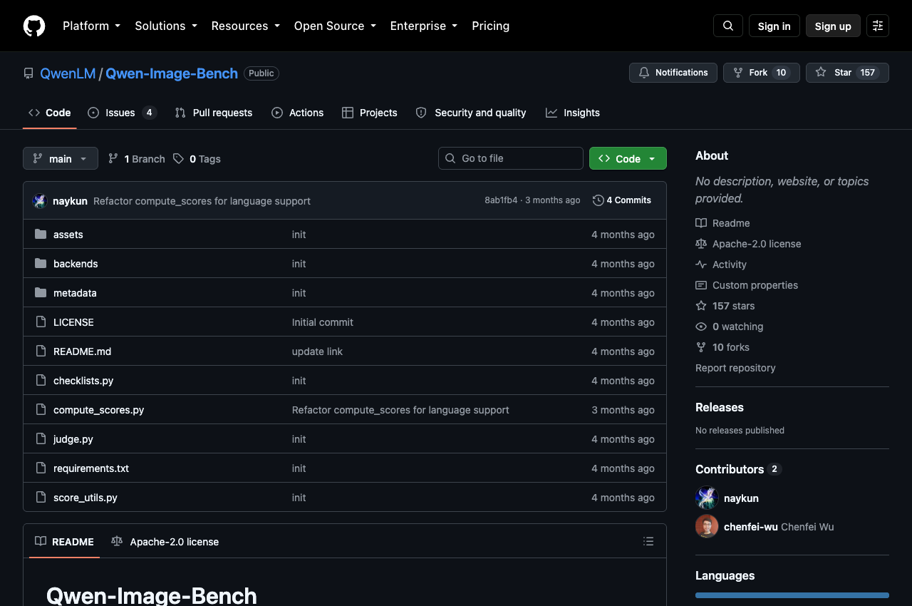 The official Qwen-Image-Bench evaluation toolkit repository on GitHub showing automated evaluation scripts and judge models