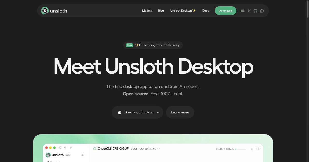 The Unsloth homepage, the fine-tuning and quantization project that said it was preparing day-zero support for Qwen3.8-Flash-Next alongside vLLM, SGLang and llama.cpp.