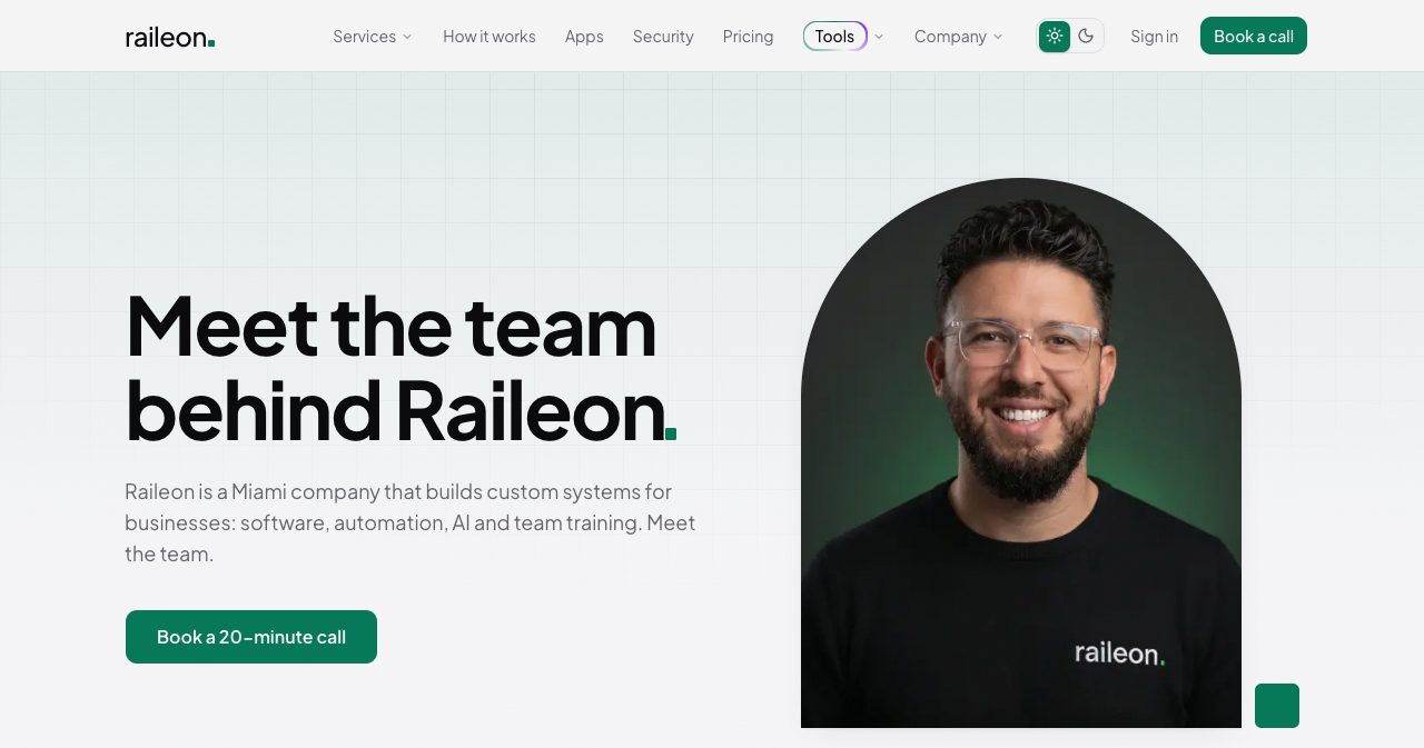 Raileon's about page headed "Meet the team behind Raileon", with a portrait of founder and CEO Konstantin and the line describing the Miami company that builds custom systems, automation and AI