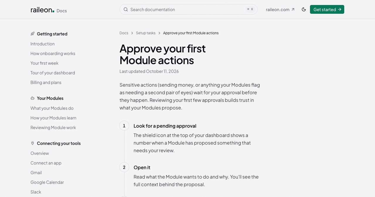 Raileon documentation page "Approve your first Module actions", explaining that sensitive actions wait for approval and showing the numbered steps to open a pending approval on the dashboard