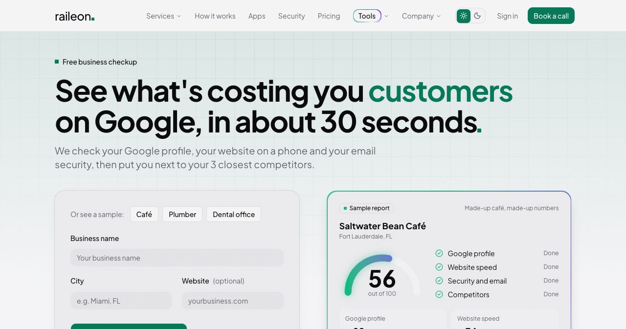 Raileon's free Business Checkup page, headed "See what's costing you customers on Google, in about 30 seconds", with the business name and city form beside a sample report scoring a fictional café 56 out of 100