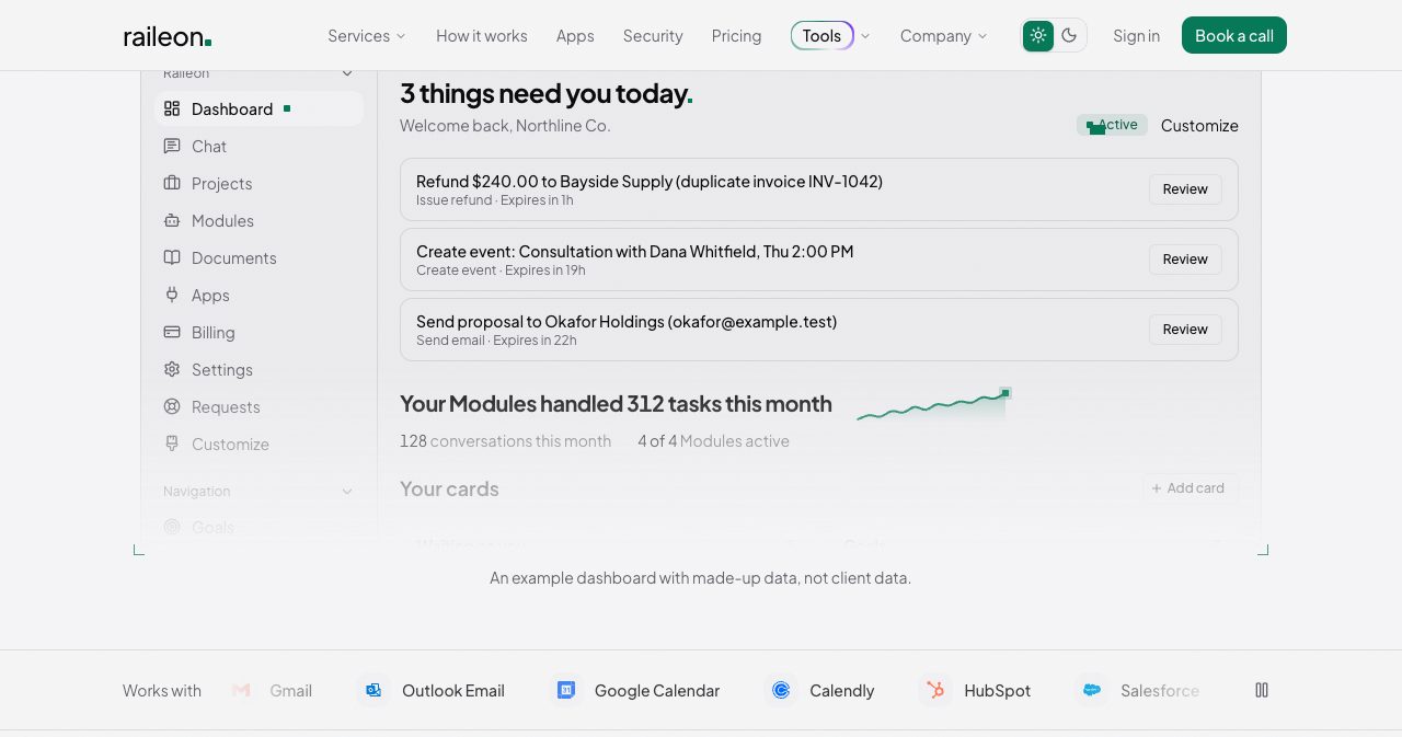 Raileon's example dashboard on its homepage, showing "3 things need you today" with three approvals queued, including a refund and a proposal email, plus the line that Modules handled 312 tasks this month