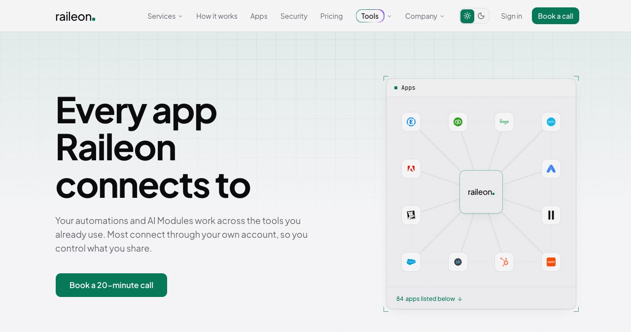 Raileon apps page headed "Every app Raileon connects to", showing a hub of app logos around the Raileon mark and the line that 84 apps are listed, 79 of which connect today