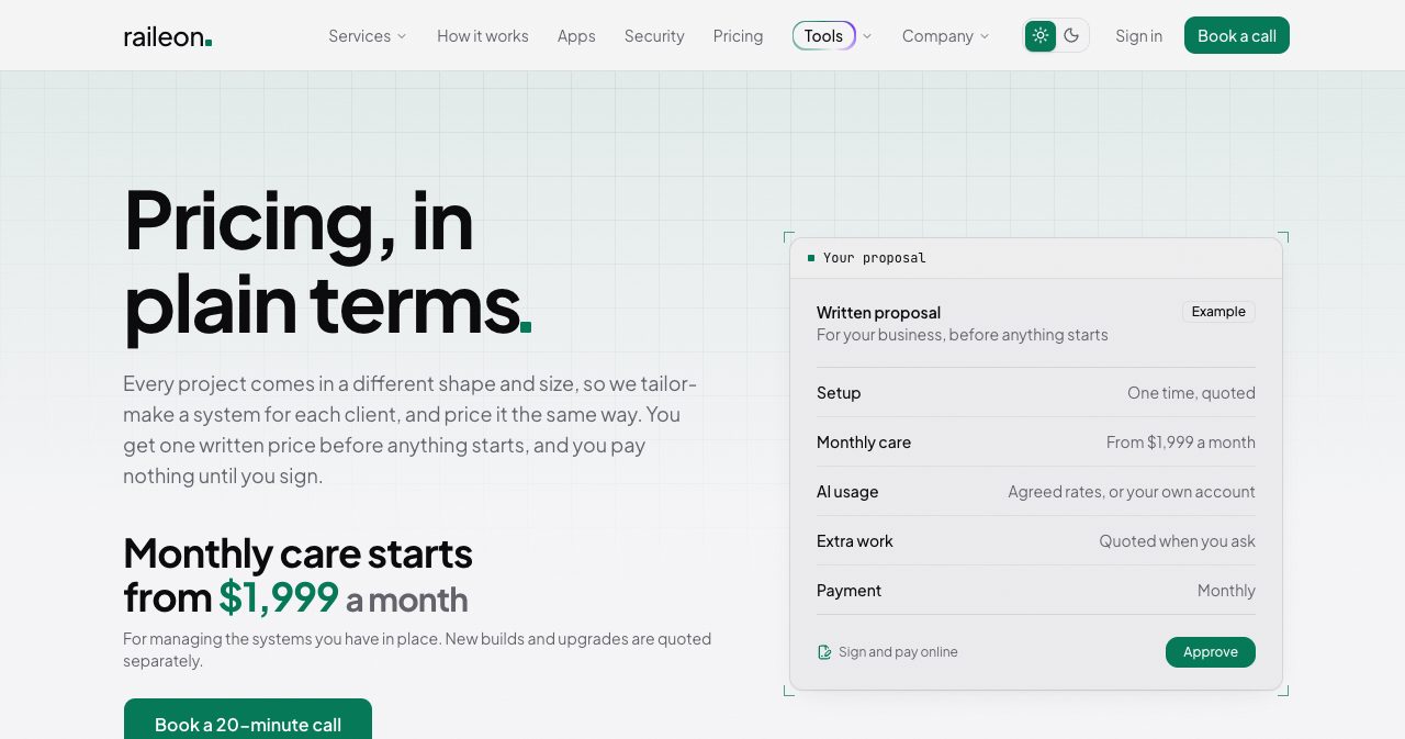 Raileon pricing page headed "Pricing, in plain terms", showing monthly care starting at $1,999 a month beside an example proposal panel listing setup, monthly care, AI usage, extra work and payment terms