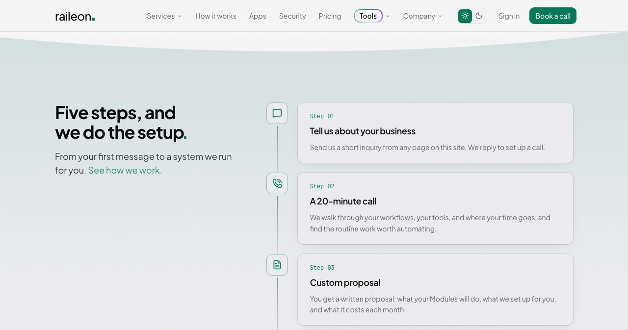 Raileon's five-step engagement process on its pricing page, listing tell us about your business, a 20-minute call, a custom proposal and the steps that follow