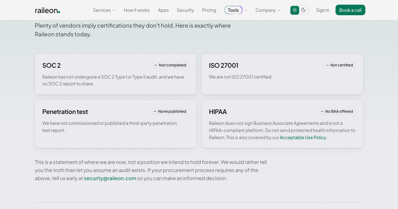 Raileon's security page compliance section, stating SOC 2 not completed, ISO 27001 not certified, no penetration test published and no HIPAA BAA, with the note that it would rather tell the truth than let you assume an audit exists
