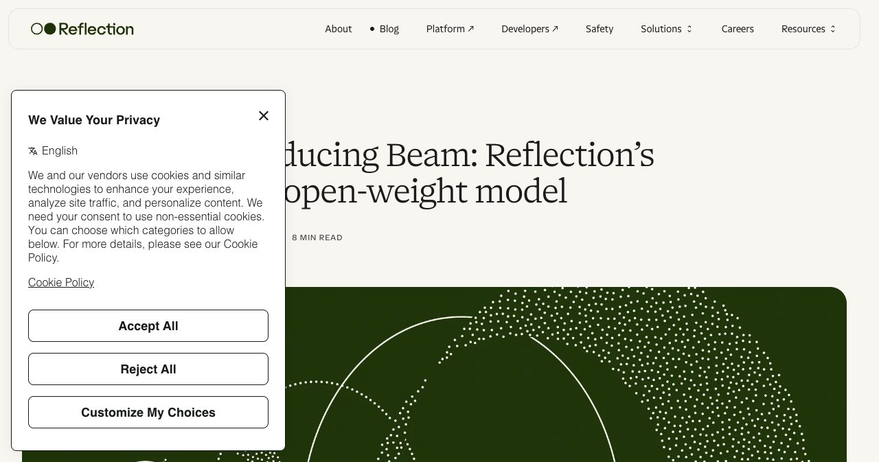 Reflection's Beam announcement page on reflection.ai, listing the 501B total and 23B active parameter specs and the Apache 2.0 license plan that this article is based on