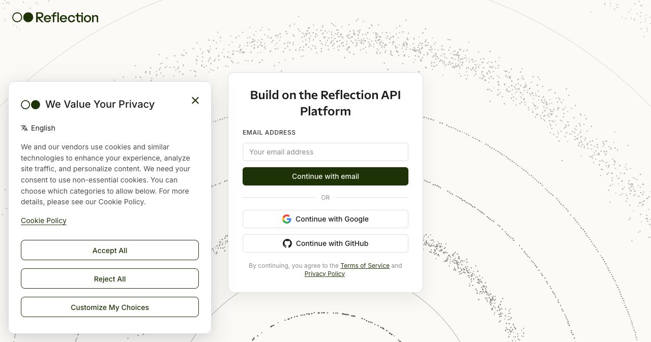 Reflection's platform signup page at platform.reflection.ai, where developers can join the waitlist for early access to Beam before the open weights are released