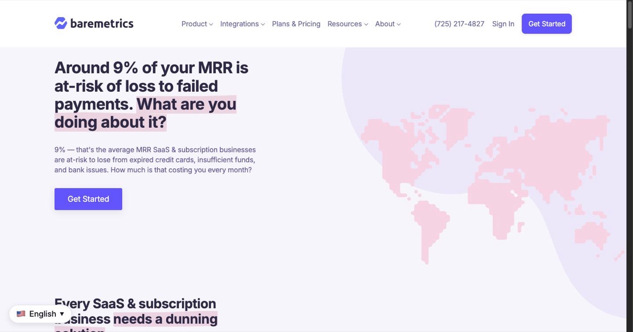 The Baremetrics Recover product page, the dunning and failed-payment recovery tool cited in the SaaS churn playbook where activating Smart Recover produced an immediate 5% reduction in overall churn.