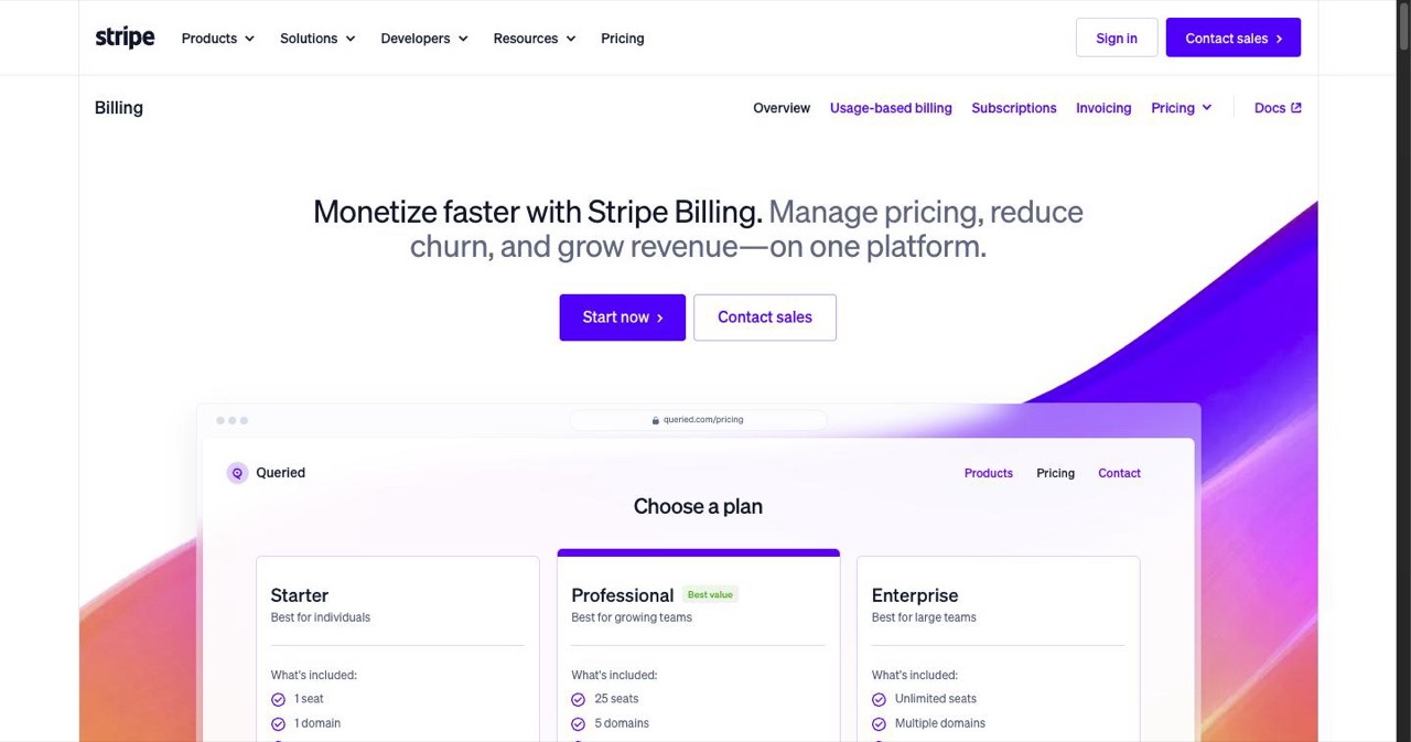 The Stripe Billing product page showing subscription and recurring revenue tooling, including the Smart Retries feature the playbook recommends for retrying declined cards at optimal times.
