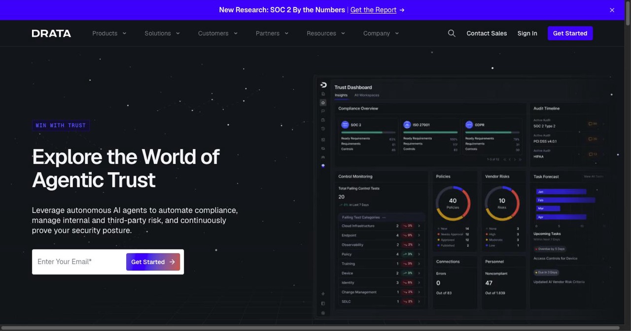 Drata homepage presenting continuous compliance automation for SOC 2 and GDPR, with evidence collection and control monitoring features, one of the two platforms the post recommends for the 30-day sprint