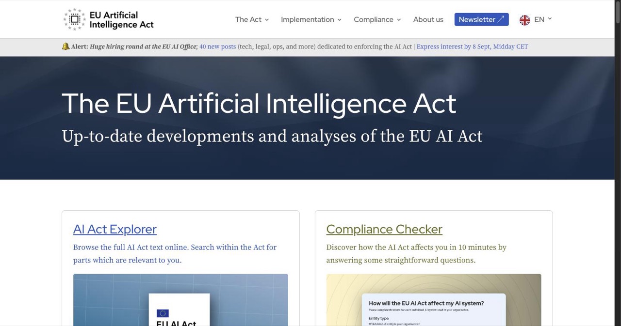 The EU Artificial Intelligence Act explorer site showing the full regulation text, risk tiers and implementation timeline, the primary reference for the August 2, 2026 high-risk enforcement deadline covered in this checklist