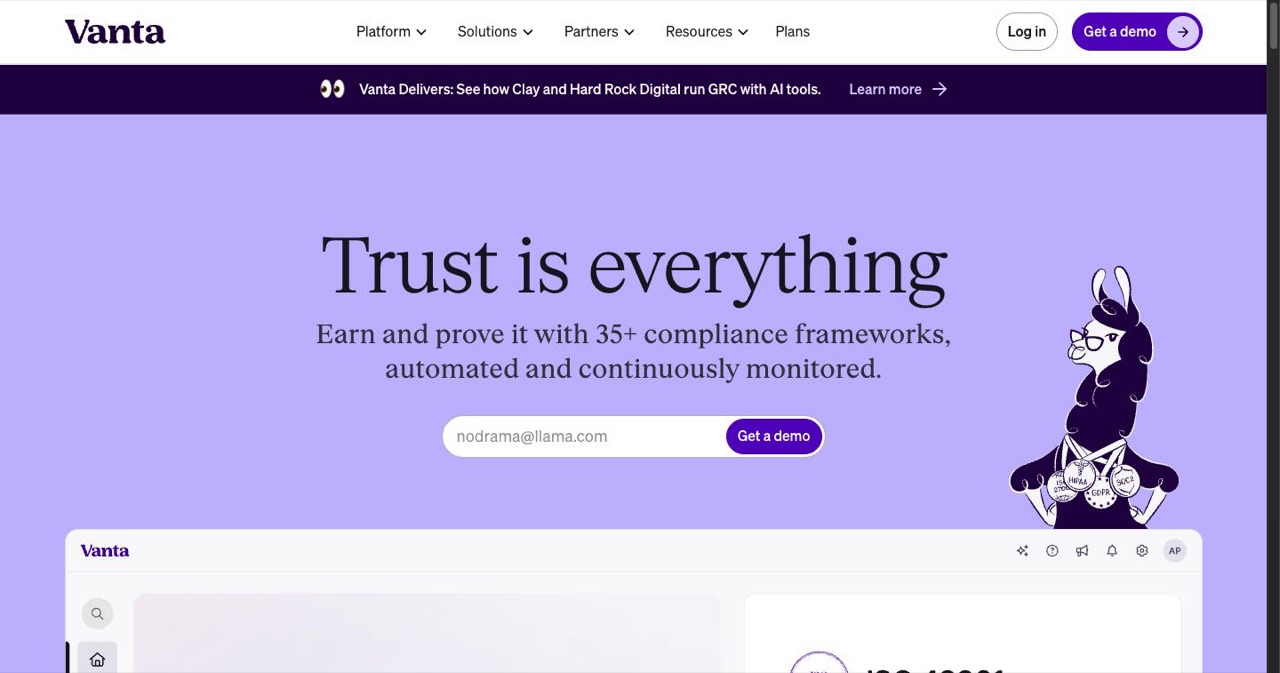 Vanta homepage showing its automated trust and compliance platform, with SOC 2, GDPR and ISO 27001 framework badges and continuous monitoring messaging, the tool most cited for cutting SaaS audit costs in half