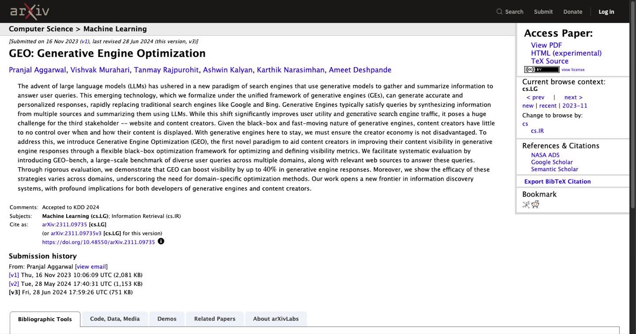 arXiv abstract page for the GEO: Generative Engine Optimization paper from Princeton, the study cited in this post for citing sources raising generative engine visibility around 40 percent
