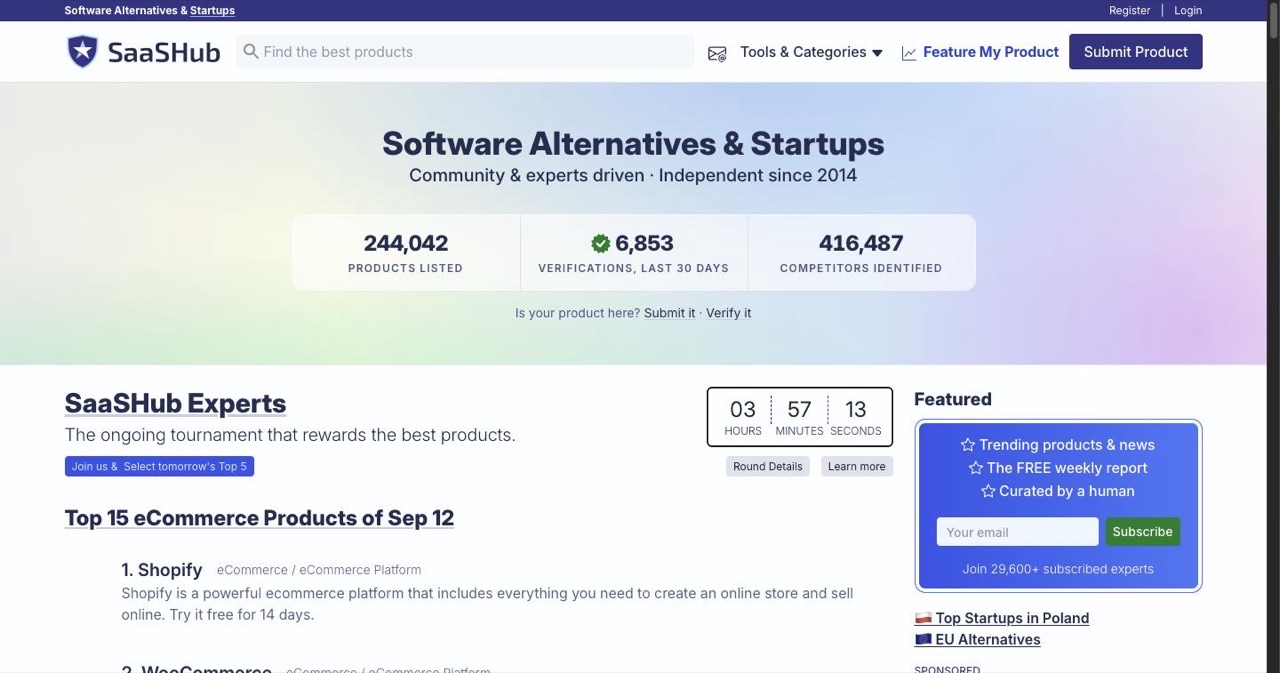 SaaSHub homepage showing its software alternatives and reviews directory with category browsing, an example of a DR 80 directory that passes dofollow links from indexed listing pages