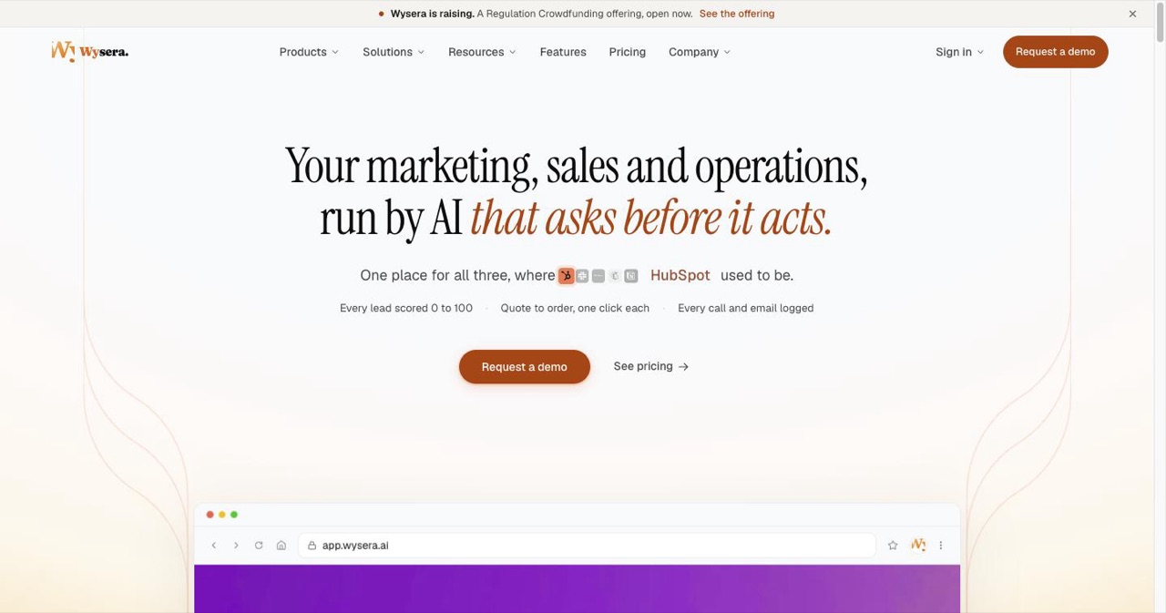 Wysera homepage showing its AI agent workflow product, where the agent drafts posts, sequences and pipeline updates and nothing ships until a human signs off on the built-in approval gate