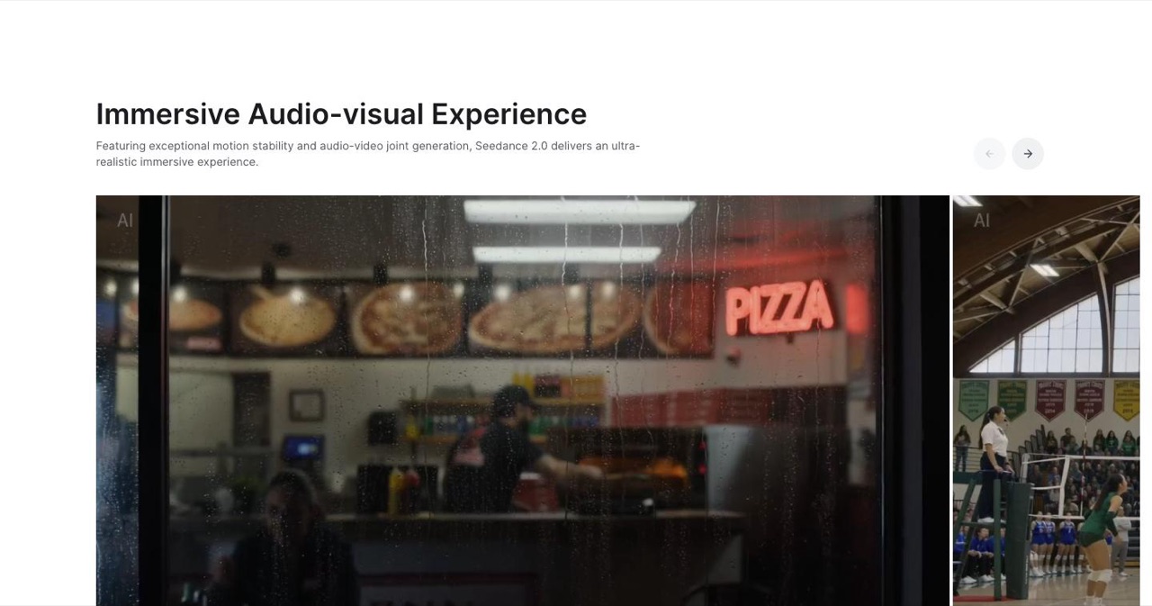 ByteDance Seed page for Seedance 2.0, section titled Immersive Audio-visual Experience describing motion stability and audio-video joint generation, with sample generated clips of a pizza shop and a volleyball match