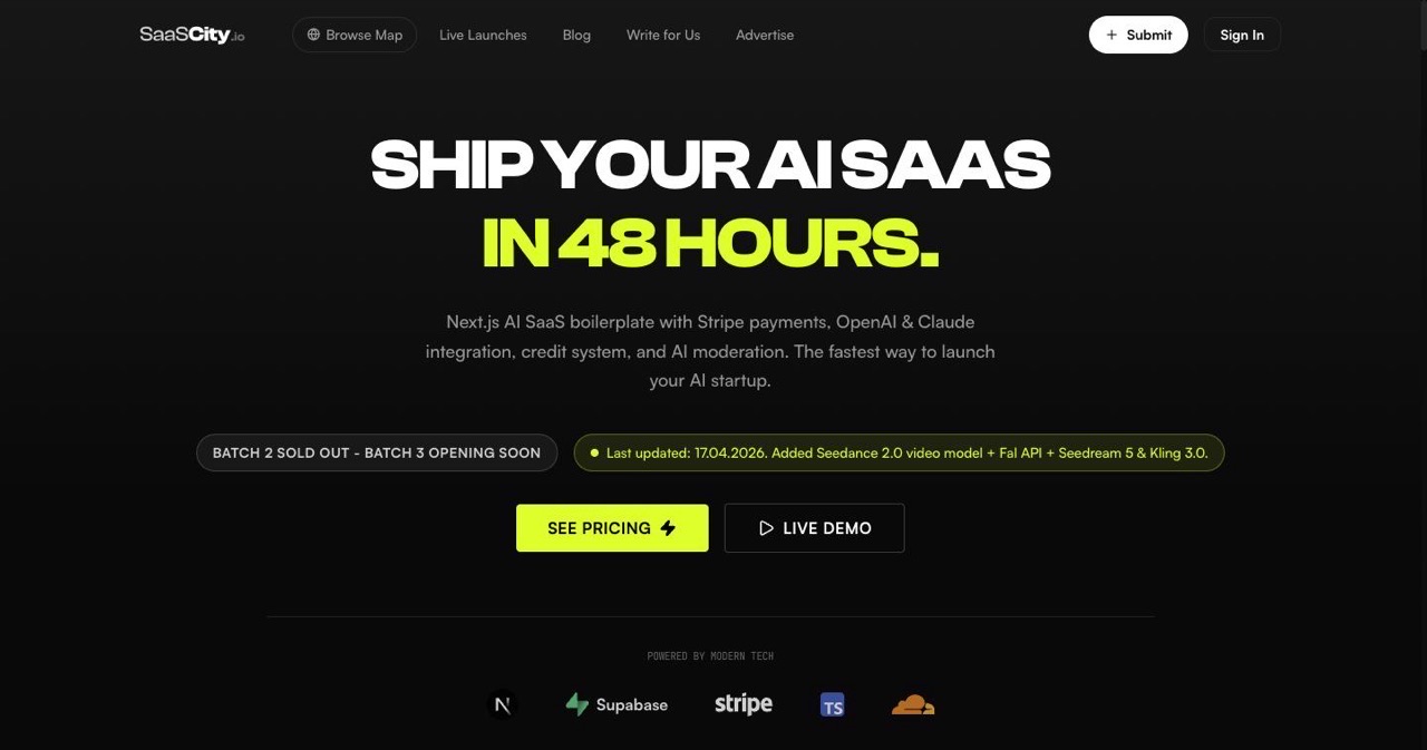 The SaaSCity AI SaaS Boilerplate page showing the $79.99 one-time starter kit with Stripe credit billing, Supabase authentication, admin dashboard and support for 20 or more AI models including Seedance 2.0