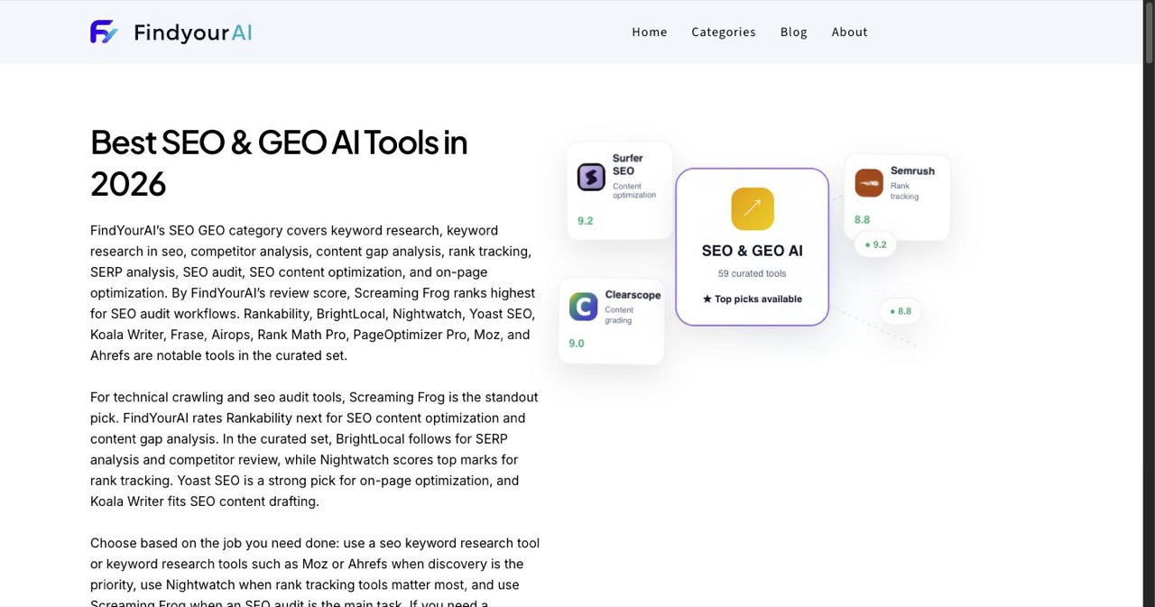 FindyourAI SEO and GEO category page showing 59 curated tools with an AI Search / GEO filter alongside technical audit, rank tracking and keyword research filters, the directory layout discussed in this post