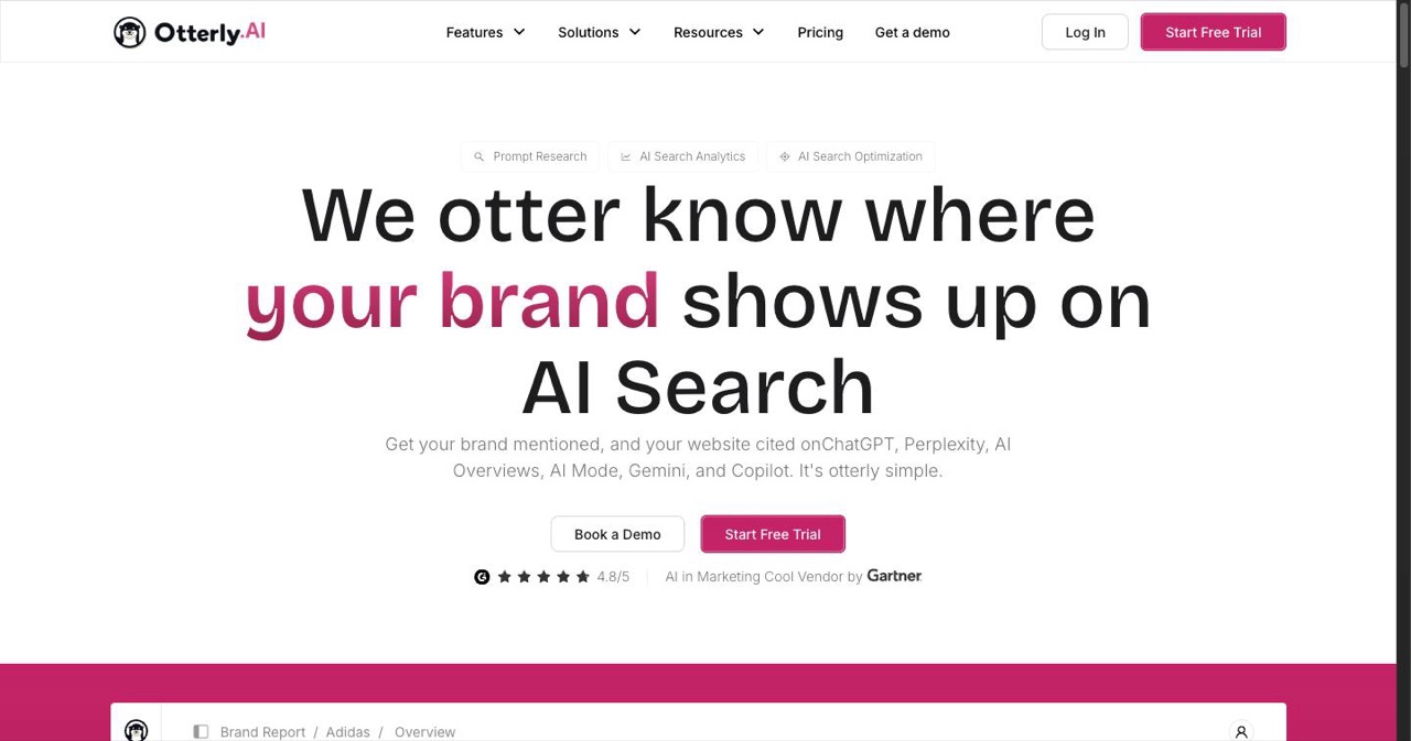 Otterly.ai homepage showing its AI search monitoring product for tracking brand mentions and citations across ChatGPT and other assistants, one of the native GEO tools named in this article