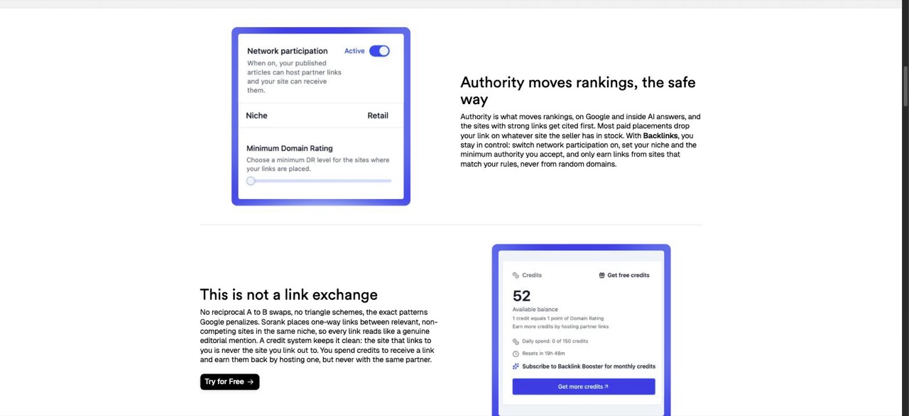 Sorank backlink settings: a Network participation toggle set to Active, a Niche field set to Retail, a Minimum Domain Rating slider, and a Credits panel showing a 52-credit balance, "1 credit equals 1 point of Domain Rating," a daily spend limit and a Backlink Booster subscription