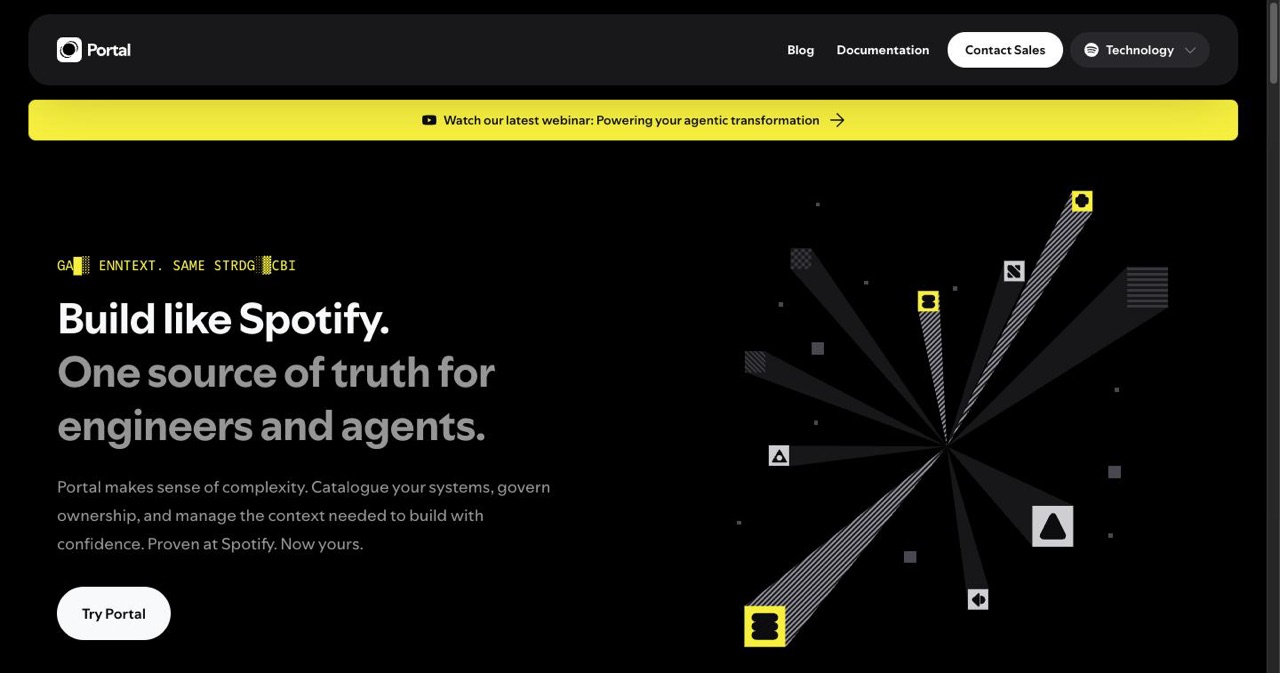 Spotify Portal homepage showing the commercial developer portal built on Backstage, the software catalog and organizational context layer that Xirp agent sessions initialize from and send session transcripts back into