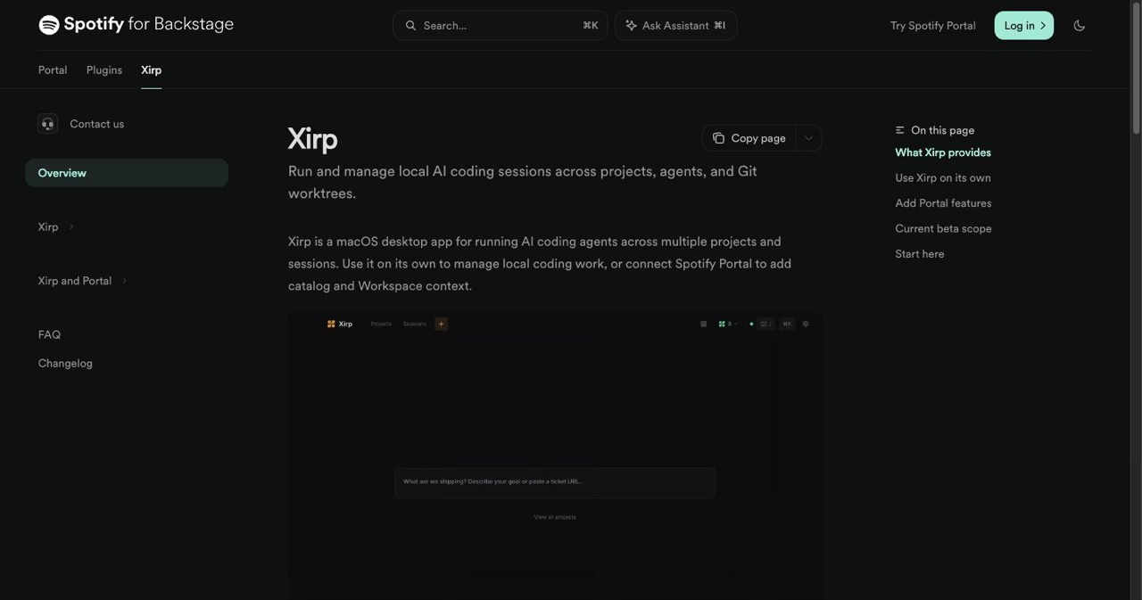 Spotify Backstage documentation page for Xirp listing the supported coding agents, the one git worktree per session model, persistent terminals and the explicit notes that Xirp replaces neither your coding agent nor your source control