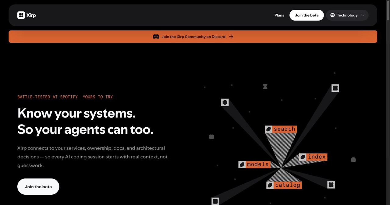 Spotify Xirp product page presenting the vendor-neutral agentic development environment for macOS, showing the multi-session interface for running Claude Code, OpenAI Codex and Gemini CLI side by side and the invite beta signup