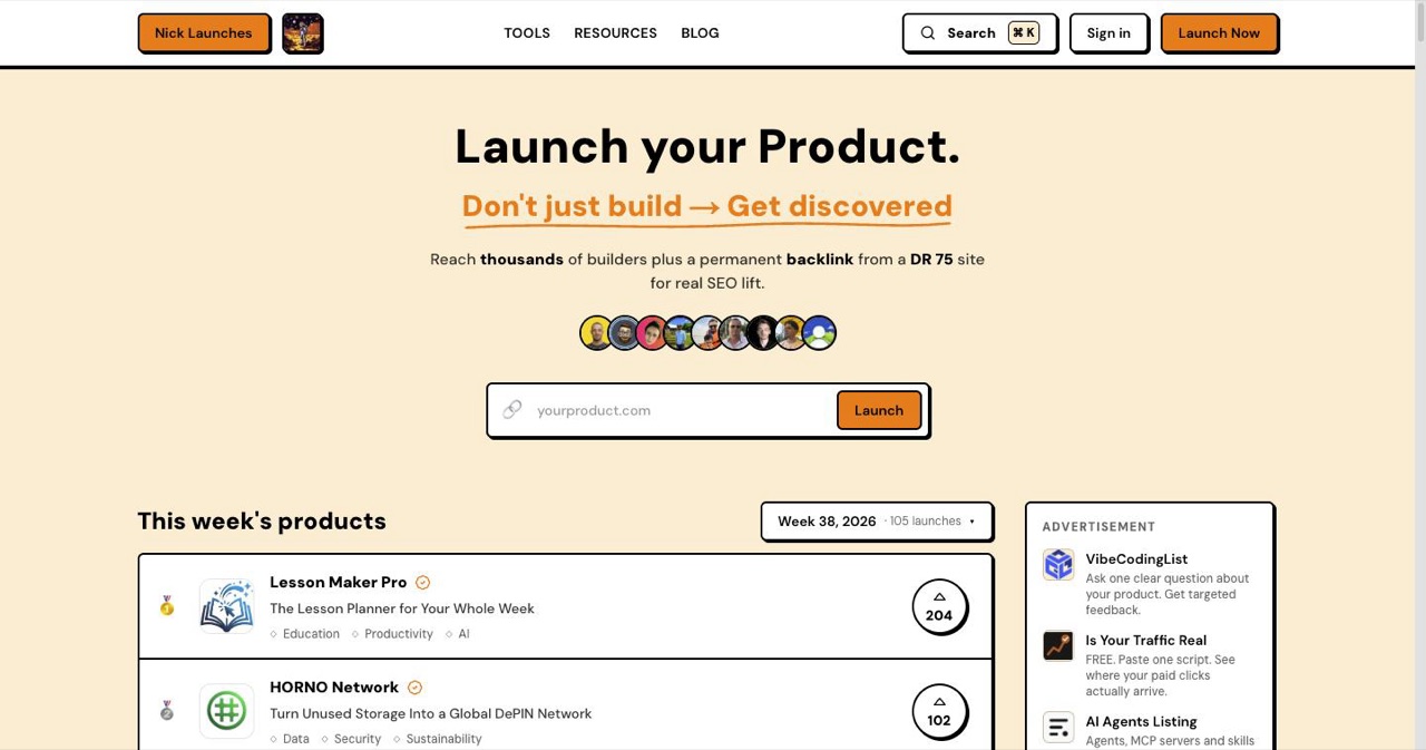 Nick Launches homepage showing its weekly launch cohort and product rankings, the DR 72 platform that pairs a launch moment with a permanent dofollow backlink for every listing