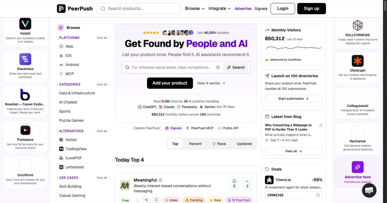 PeerPush homepage presenting structured product profiles with pricing, use cases and alternatives, the directory built for both human browsing and AI assistant queries through its API and MCP server