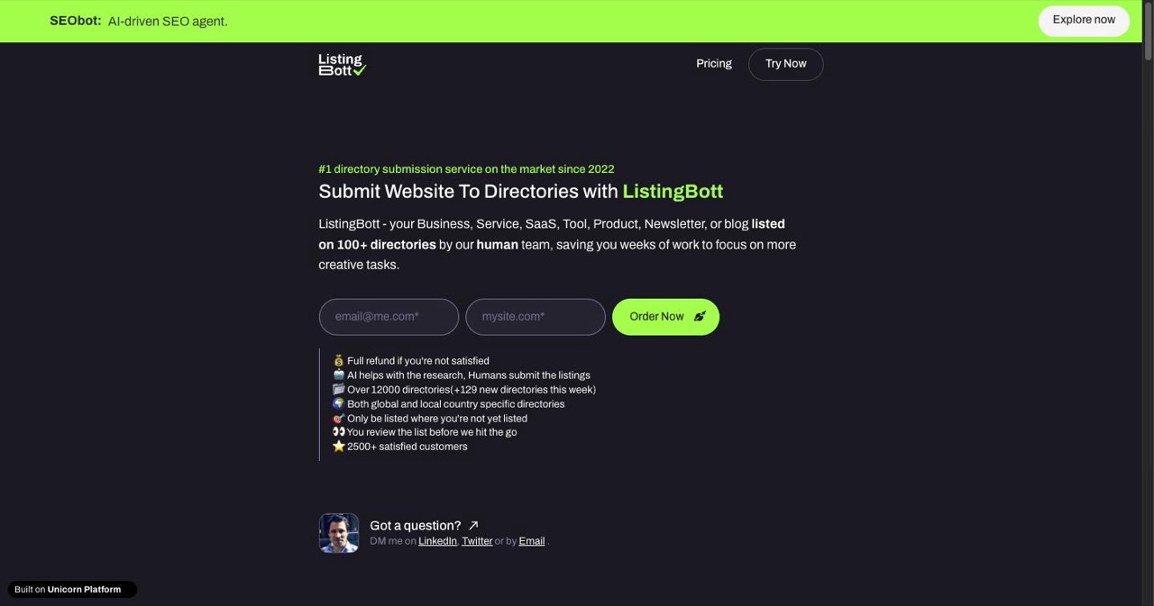 ListingBott homepage showing its premium AI-plus-human directory submission offer and Domain Rating refund guarantee, the only service in this comparison that backs its DR claim with a refund