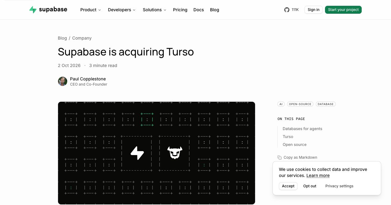 Supabase's blog post titled "Supabase is acquiring Turso", dated 2 Oct 2026 and published under CEO Paul Copplestone, the primary source for the deal's rationale and its SQLite-to-Postgres product plan.
