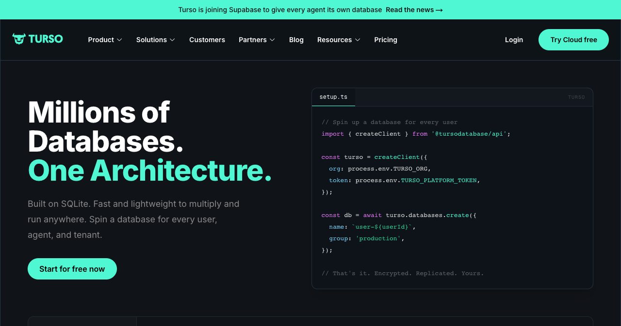 Turso's homepage with a green banner reading "Turso is joining Supabase to give every agent its own database" above the headline "Millions of Databases. One Architecture.", the company's own framing of the deal.