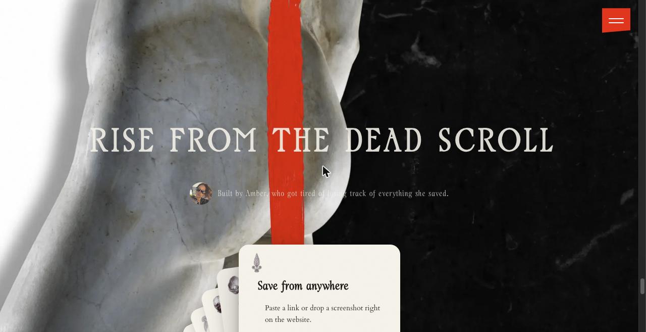 Rise From the Dead Scroll section with the line 'Built by Amber, who got tired of losing track of everything she saved' and a Save From Anywhere card