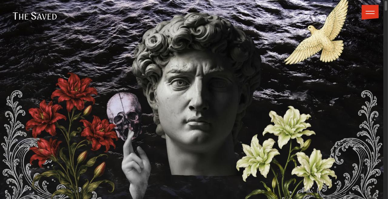 The Saved homepage hero: a marble David bust, red lilies and a golden dove over dark water, with the brand name top-left