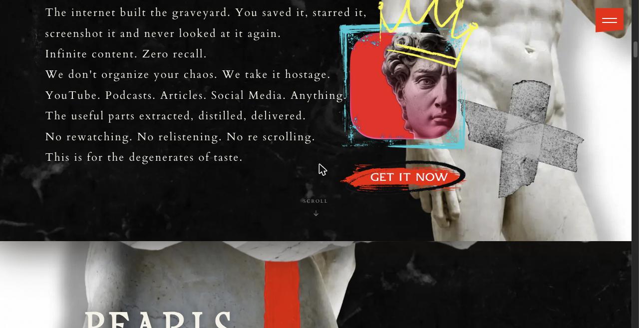 The Saved manifesto section with the line 'We don't organize your chaos. We take it hostage.' next to a red Get It Now button