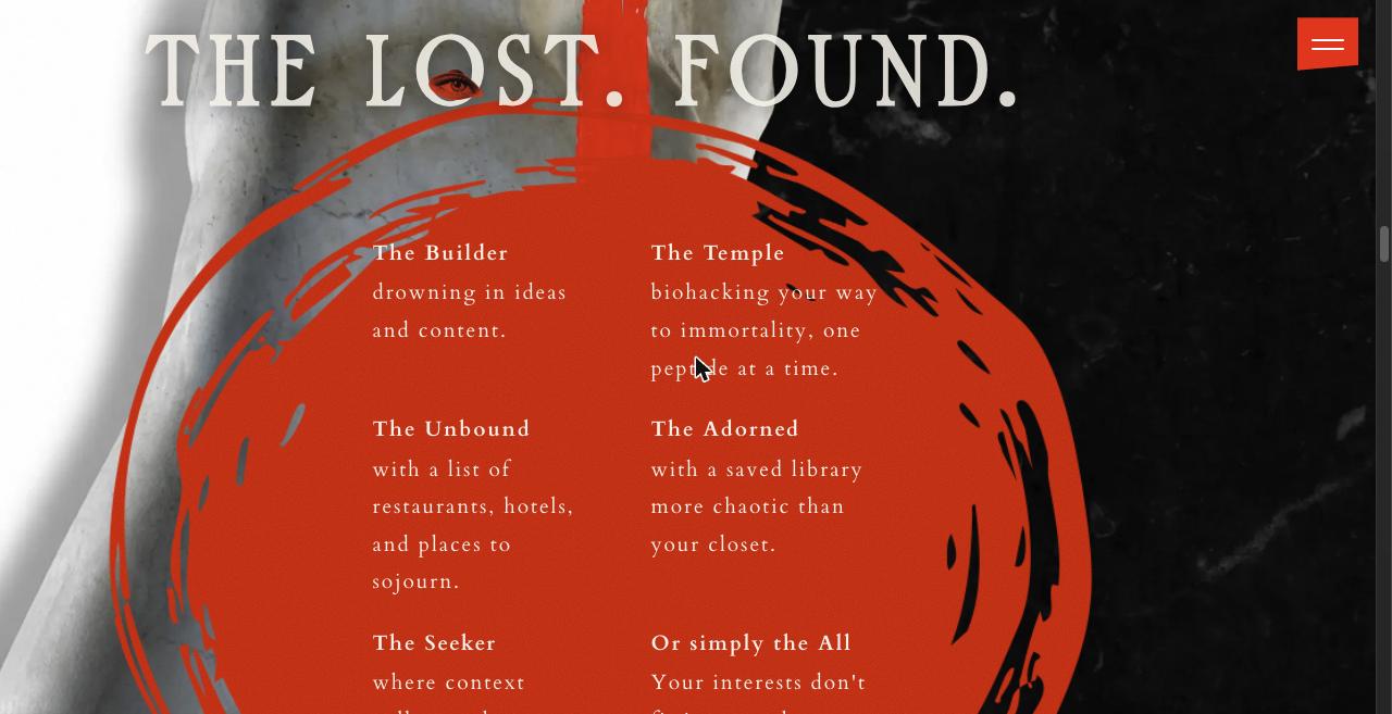 The Lost. Found. section on thesaved.app listing personas inside a red brushstroke circle: The Builder, The Temple, The Unbound, The Adorned, The Seeker, and the All