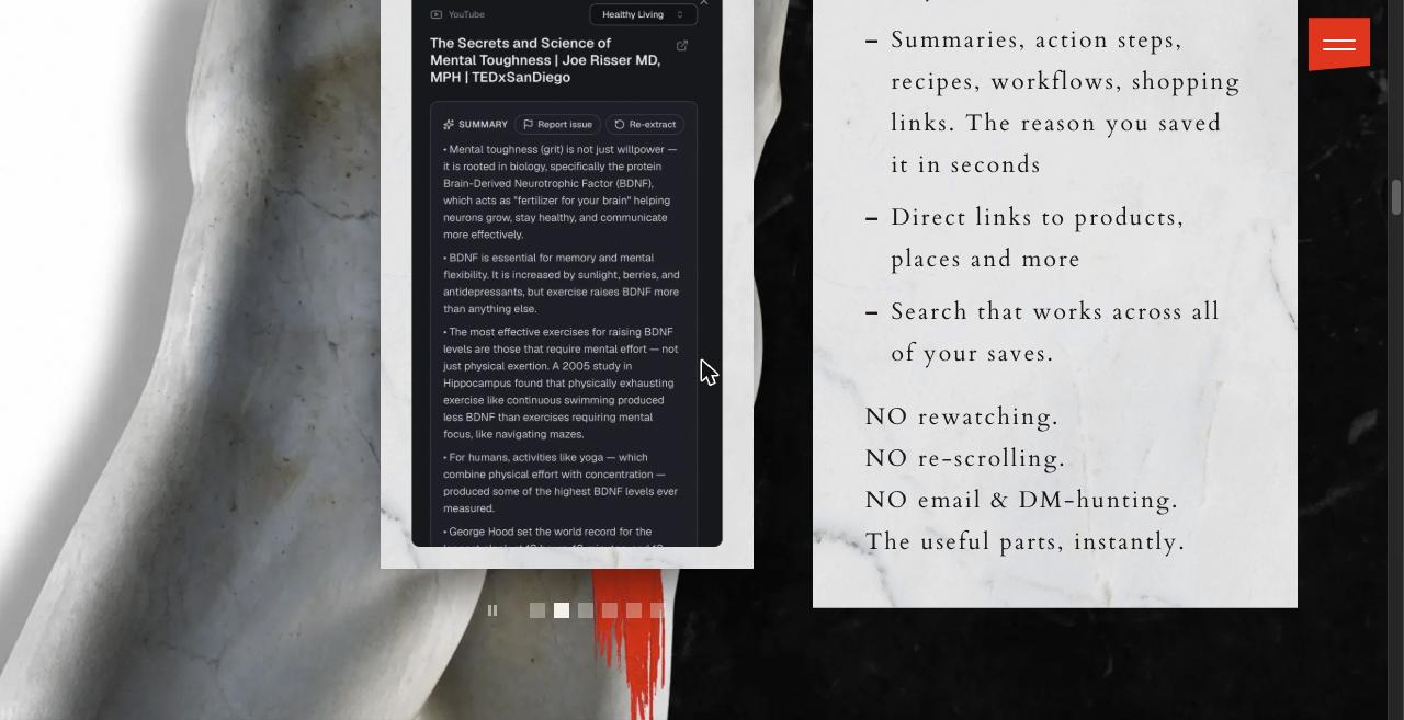 A processed YouTube save inside The Saved: a bullet-point summary card for a TEDx talk, with report issue and re-extract buttons, beside the feature list 'Summaries, action steps, recipes, workflows, shopping links'