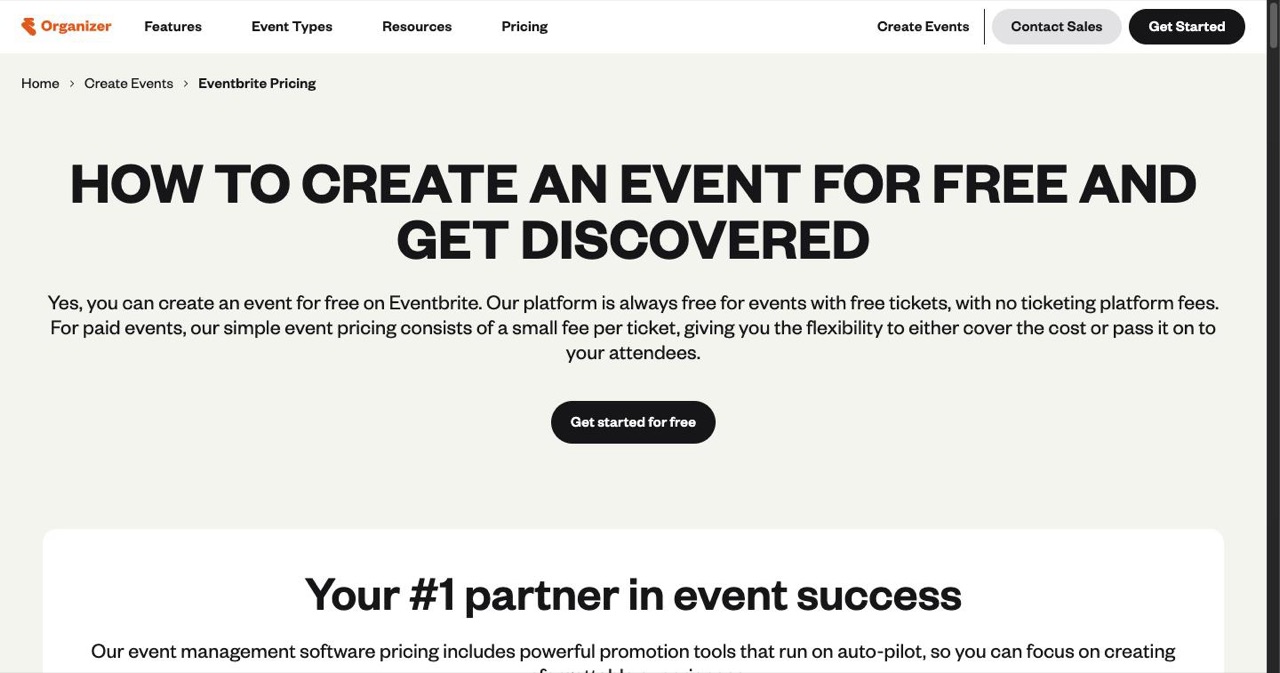 Eventbrite organizer pricing page showing the service fee and payment processing rates behind the 3.7% plus $1.79 and 2.9% structure this post prices out on a $50 ticket.
