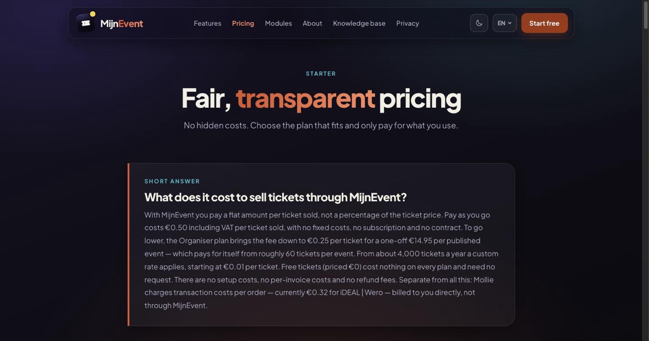 MijnEvent pricing page showing flat per-paid-ticket fees including VAT, payouts direct to your own Mollie account and zero percent on donations, the flat-fee model compared here.