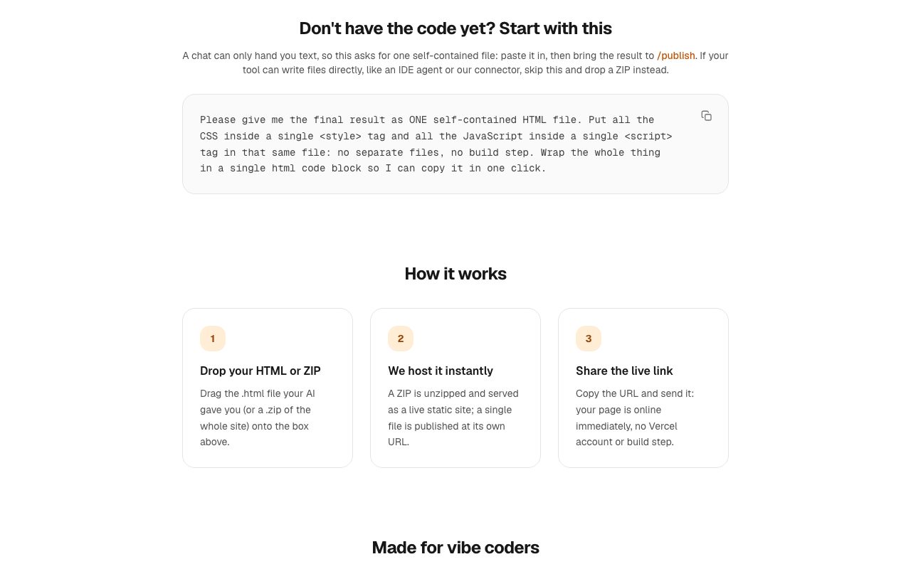The copy-ready prompt on UploadTheFile's AI site page: "Please give me the final result as ONE self-contained HTML file. Put all the CSS inside a single style tag and all the JavaScript inside a single script tag..."