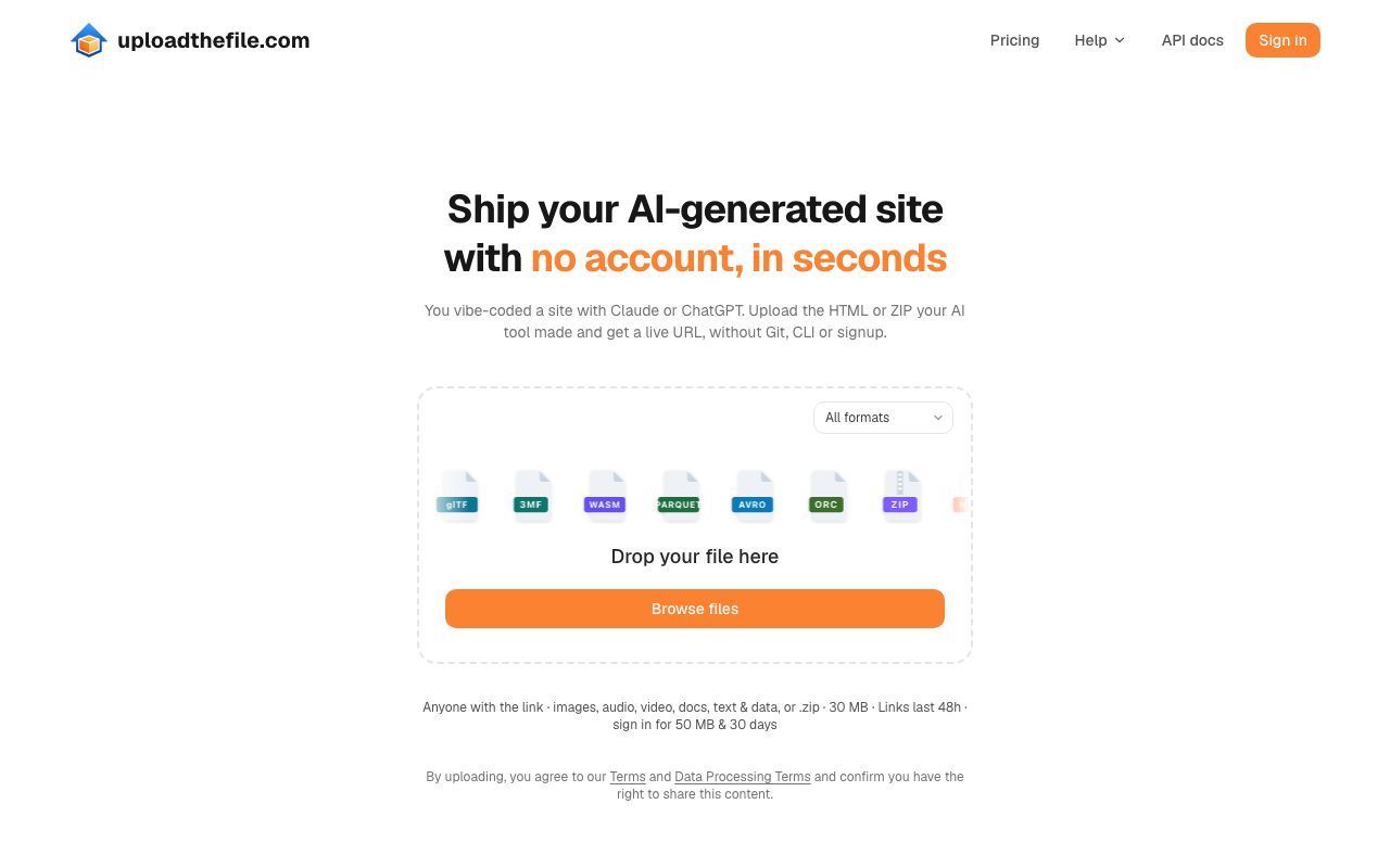 UploadTheFile "Host an AI-generated website" page: "Ship your AI-generated site with no account, in seconds," with the same drop zone and the line "You vibe-coded a site with Claude or ChatGPT"