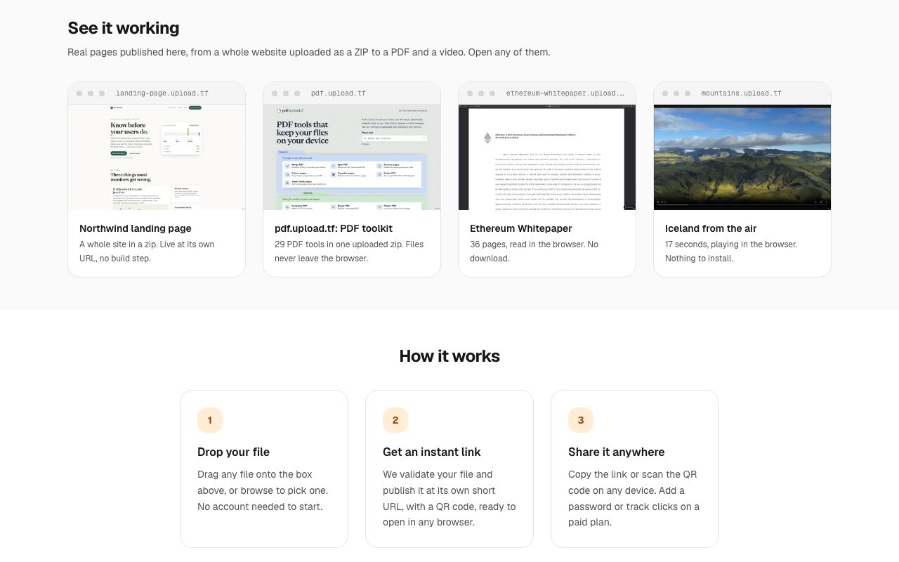 UploadTheFile "See it working" gallery with four live demos: a Northwind landing page hosted from a ZIP, a PDF toolkit, the Ethereum whitepaper read in the browser, and a 17-second aerial video of Iceland