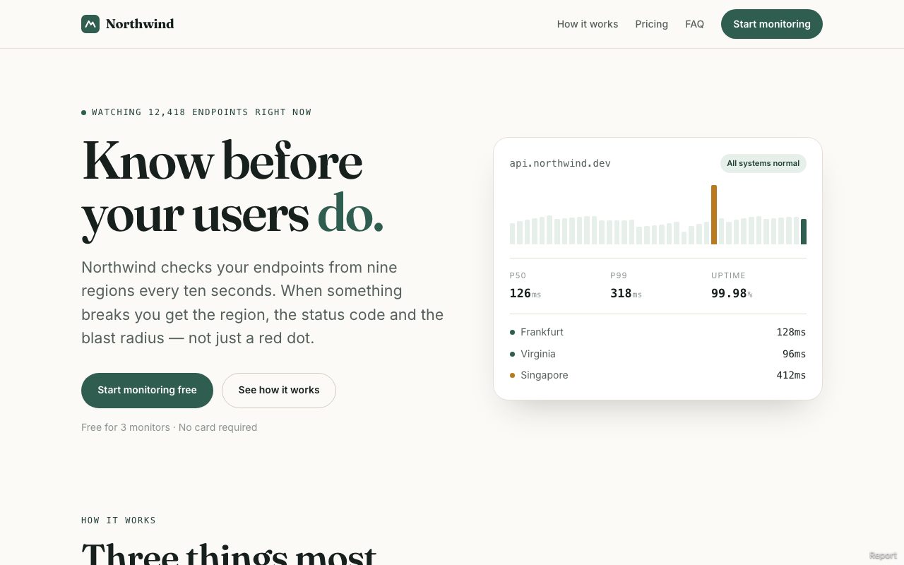 The Northwind landing page demo at landing-page.upload.tf, a full marketing site with a hero, a live latency chart and a navigation bar, served from a single uploaded ZIP