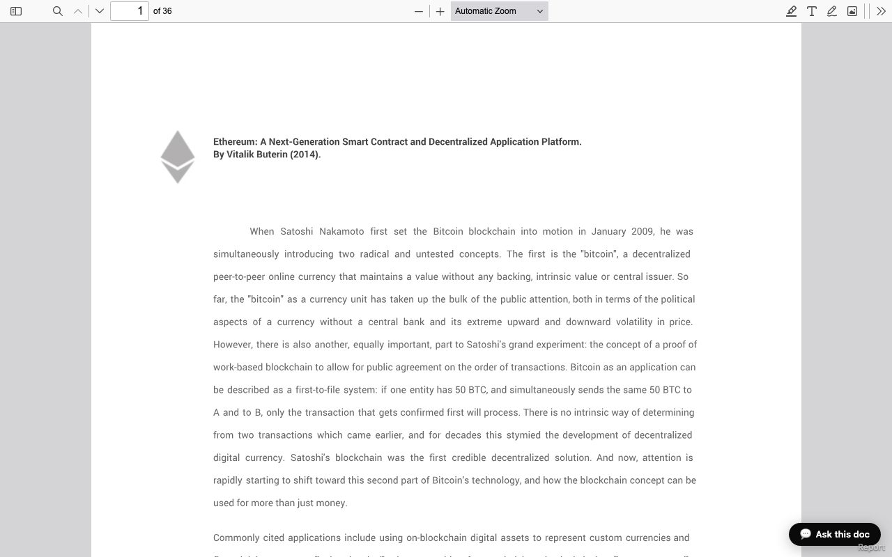 The Ethereum whitepaper demo on ethereum-whitepaper.upload.tf rendered in the browser's built-in PDF viewer, page 1 of 36, with an "Ask this doc" chat button in the bottom right corner